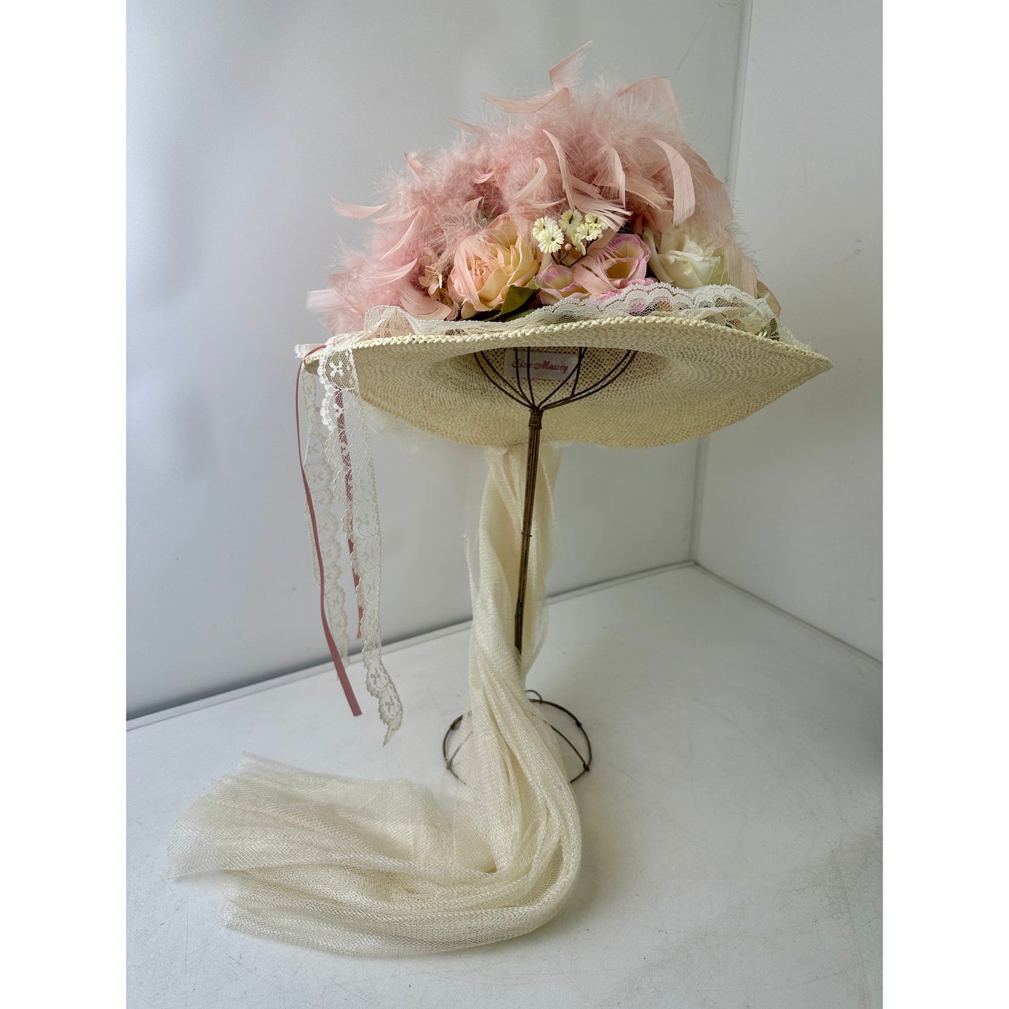 VTG Elsie Massey Originals Pink Floral Wide Brim Victorian Derby Hat