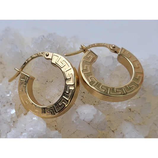 18K Yellow Gold Greek Key Huggie Hoop Earrings Made in Italy | 15mm | 1.61 Grams