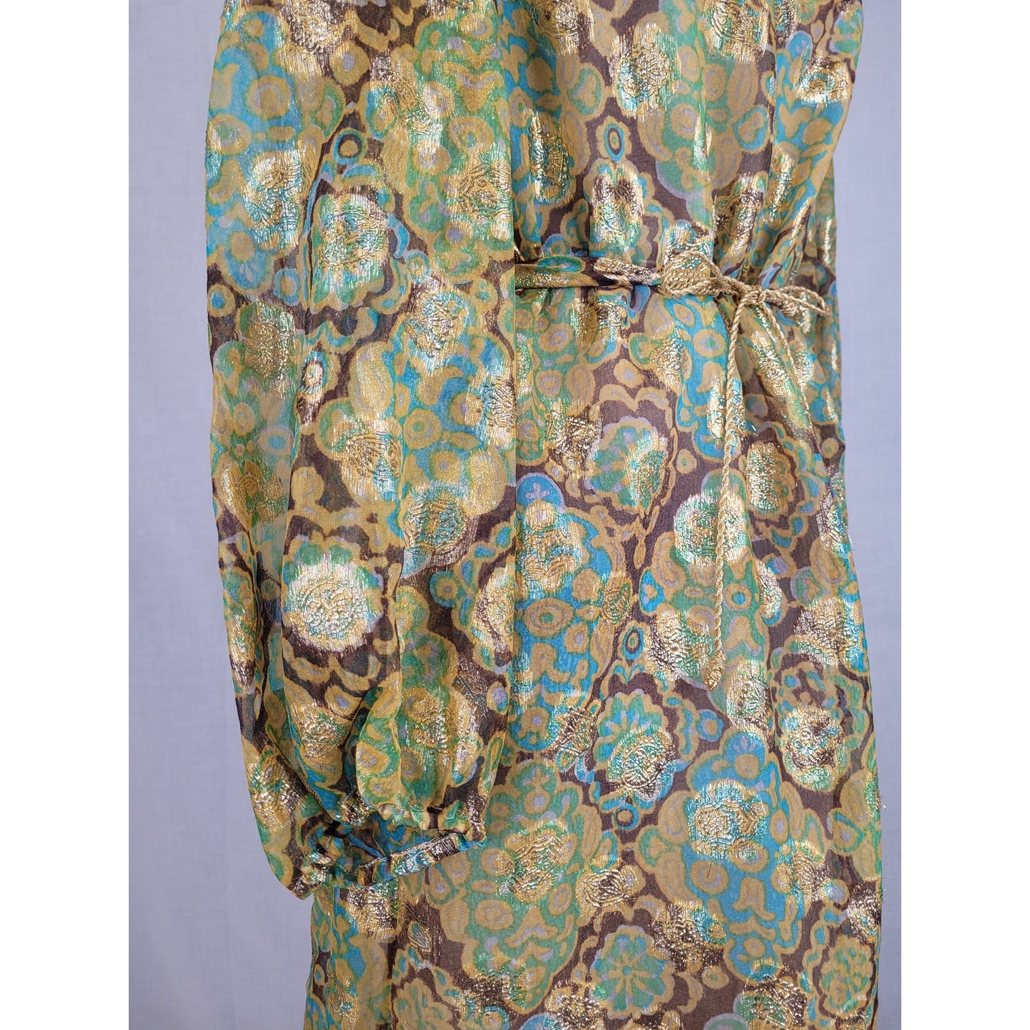 Vintage 1960-70s Adele Simpson Sheer Dress Metallic Fabric Belted Sz S/M