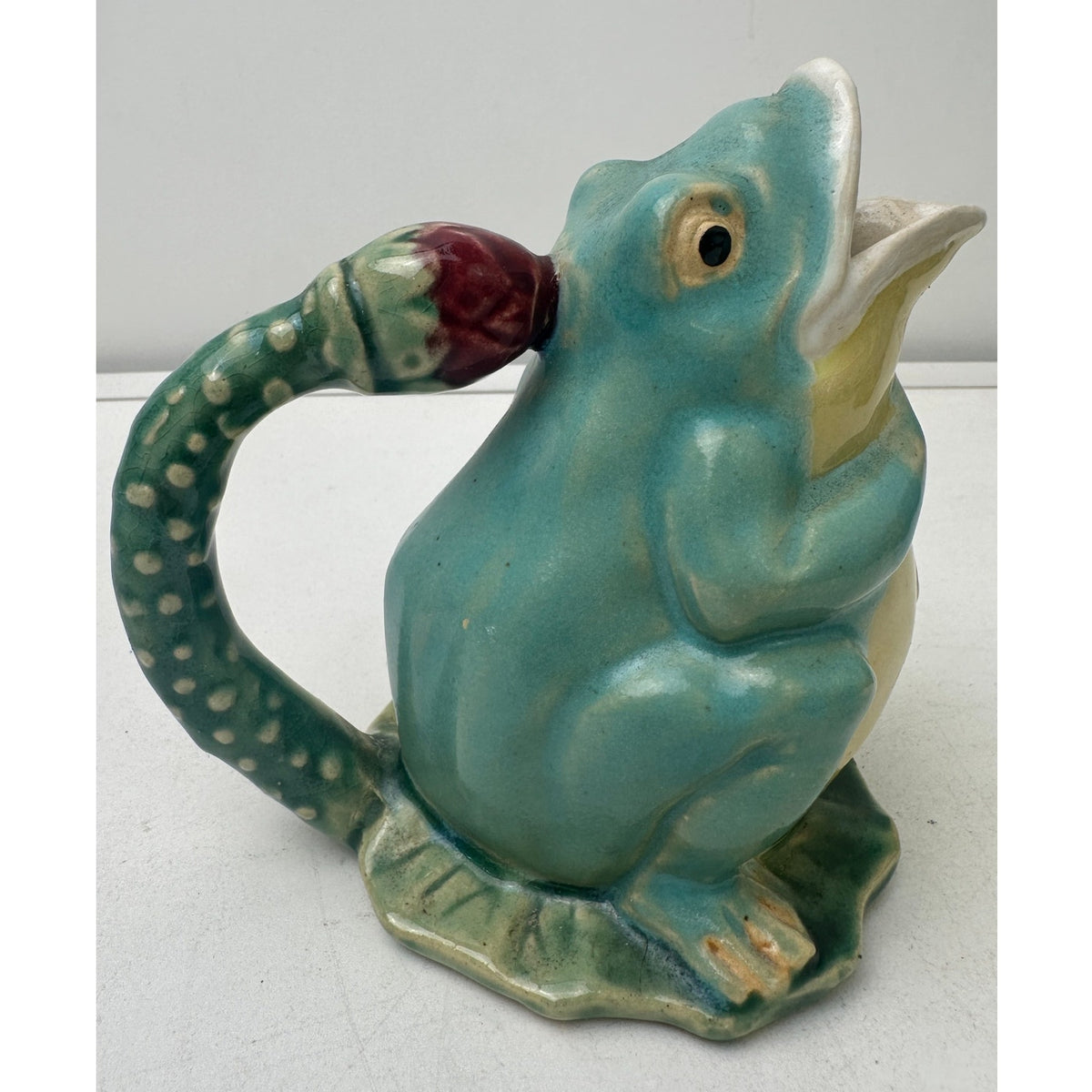 Vintage Henrikson Imports Majolica Frog Teapot, Creamer, & Sugar Bowl 3 Pc Set