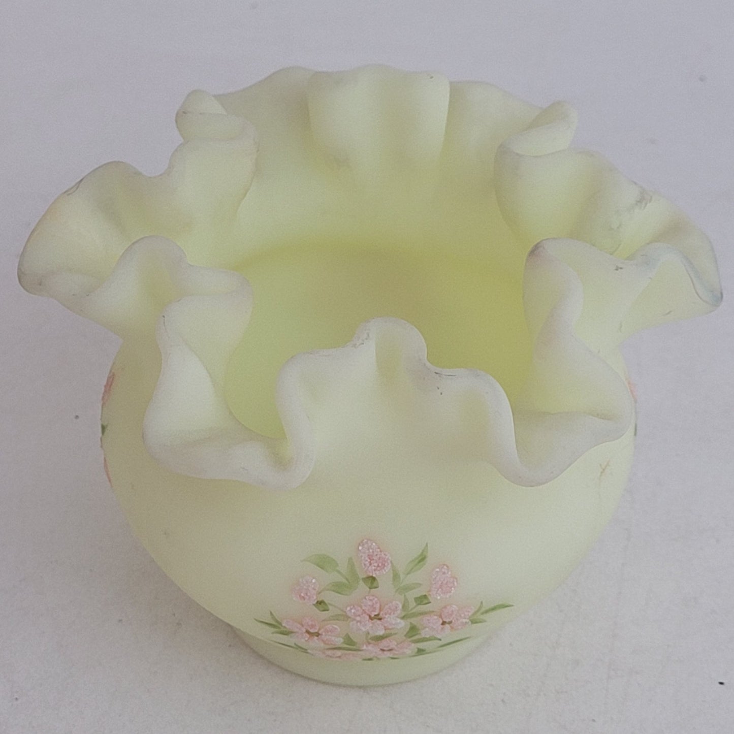 Vintage 1970s Fenton Custard Ruffle Vase Painted Pink Blossoms Signed