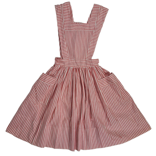 1940s Red & White Striped Pinafore Apron Dress Sz XS