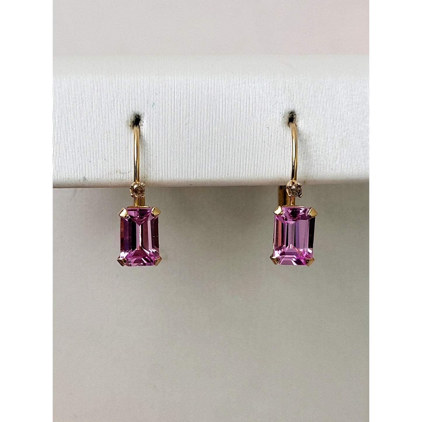 14K Solid Yellow Gold Dangle Earrings Pink Tourmaline & Diamond Stones