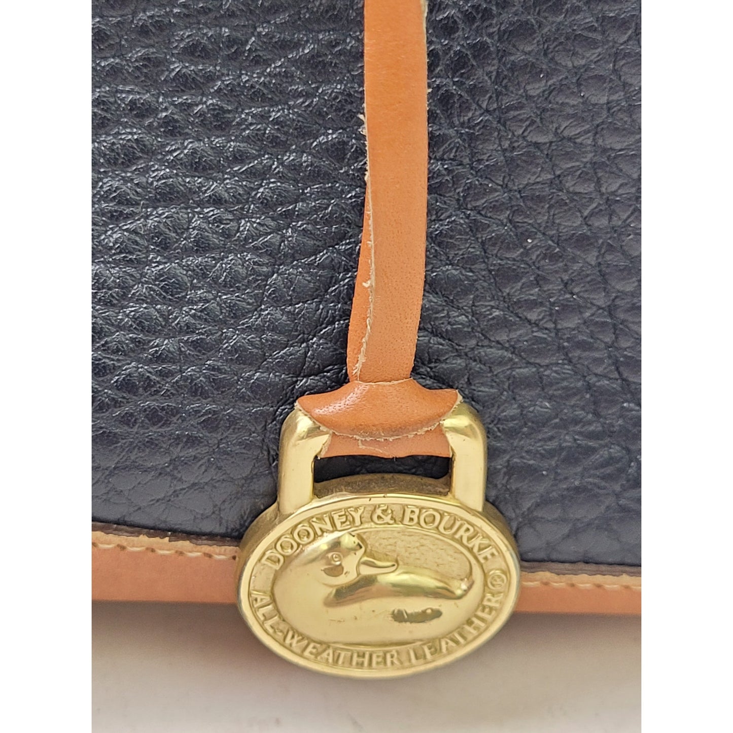 Vintage Dooney & Bourke All-Weather Leather Satchel Navy Blue, Tan, & Brass