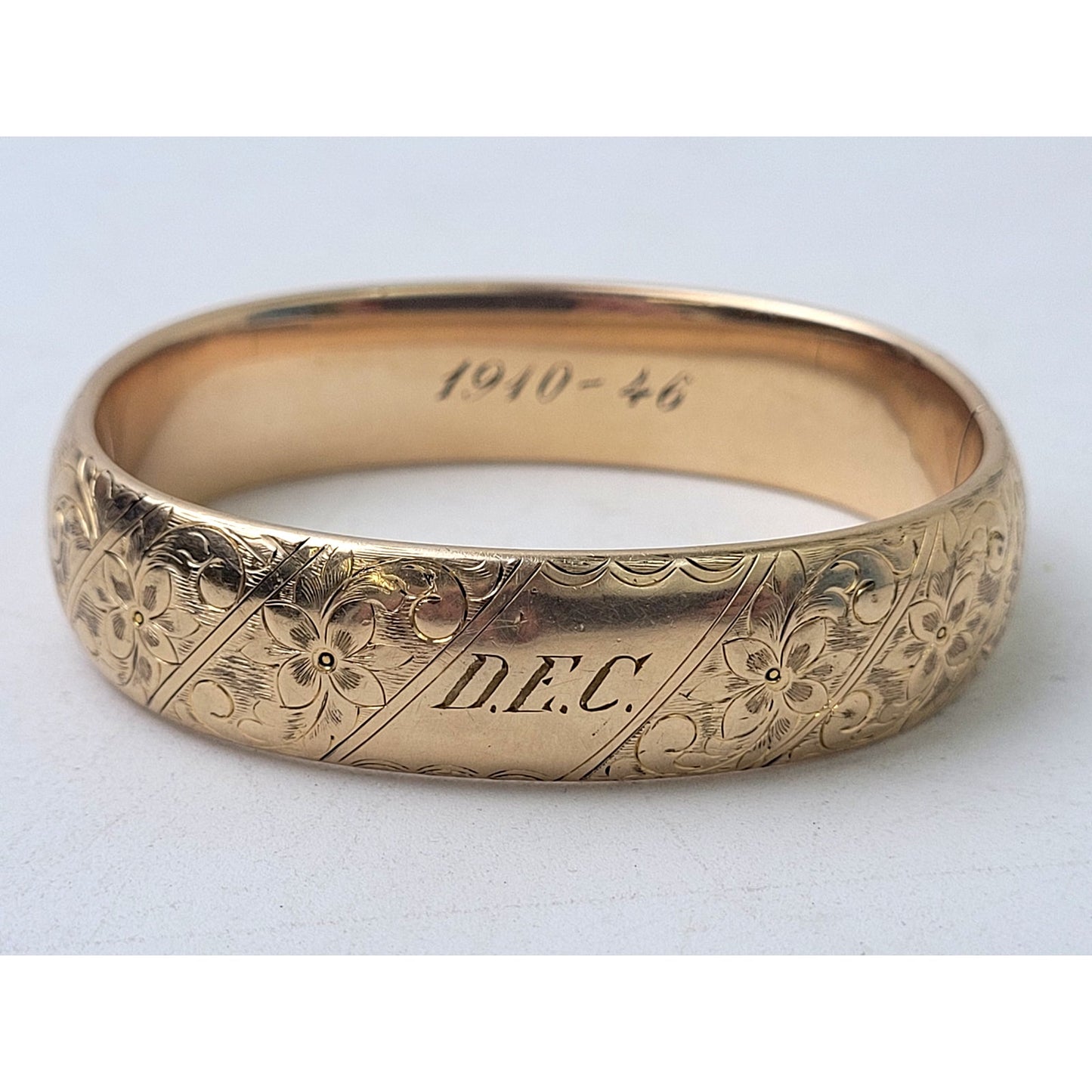 Victorian 14K Yellow GF S.B. Co. Hinged Bangle Bracelet w Floral Etching