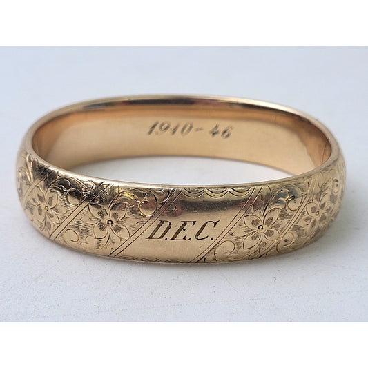Victorian 14K Yellow GF S.B. Co. Hinged Bangle Bracelet w Floral Etching
