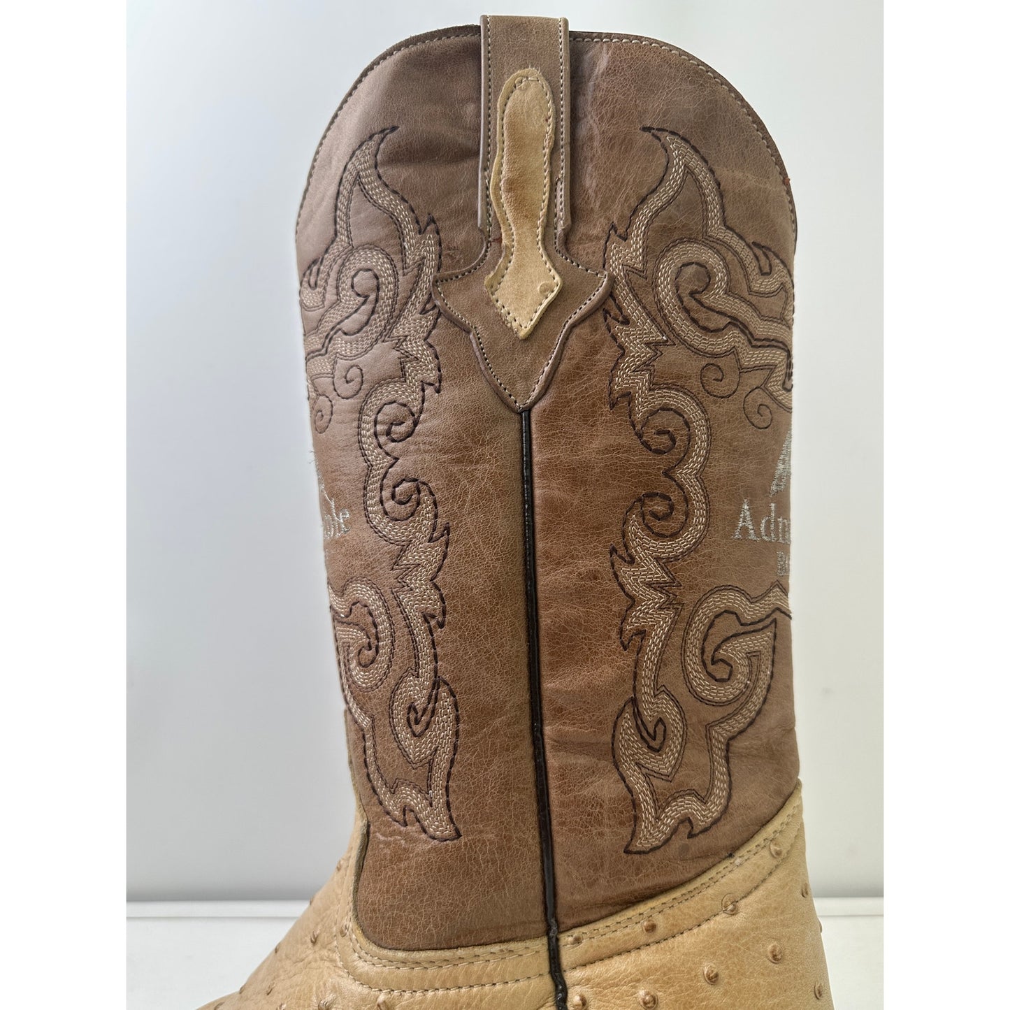 Admirable Handcrafted Ostrich Print Leather J-Toe Cowboy Boots Men's Sz 10