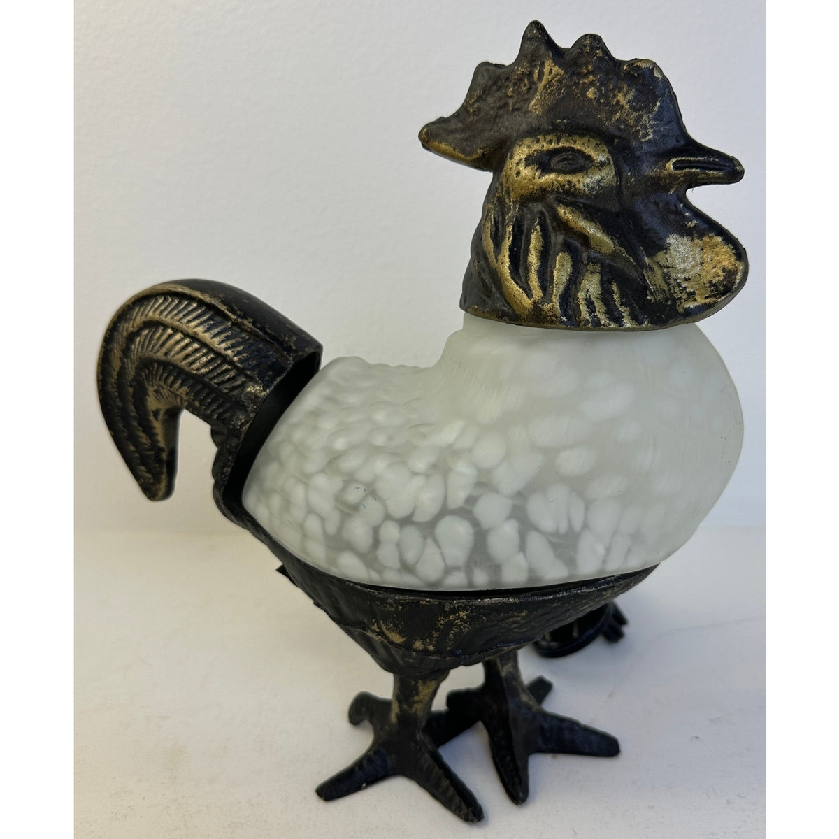 Vintage Metal and Frosted Slag Glass Rooster Accent Lamp