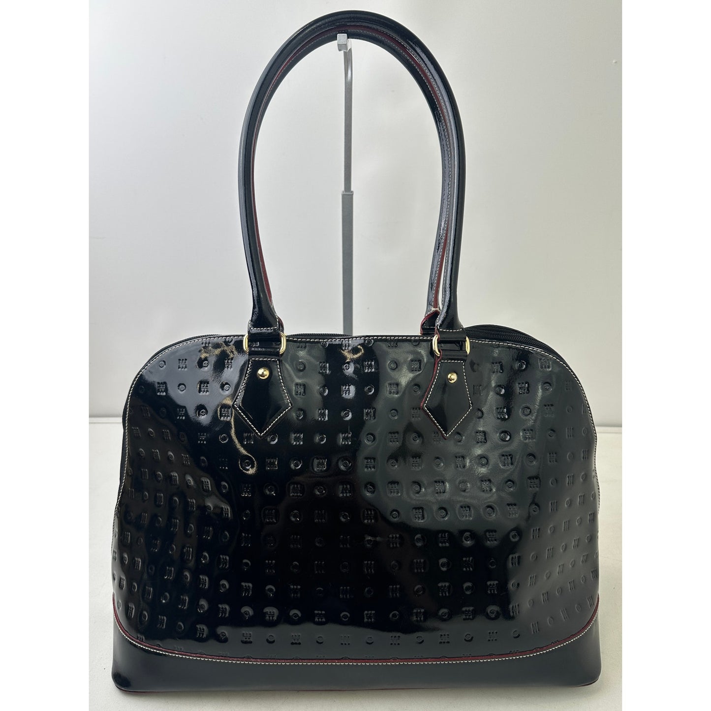 Arcadia Italy Black Patent Leather Leather Embossed Logo Dome Satchel Bag