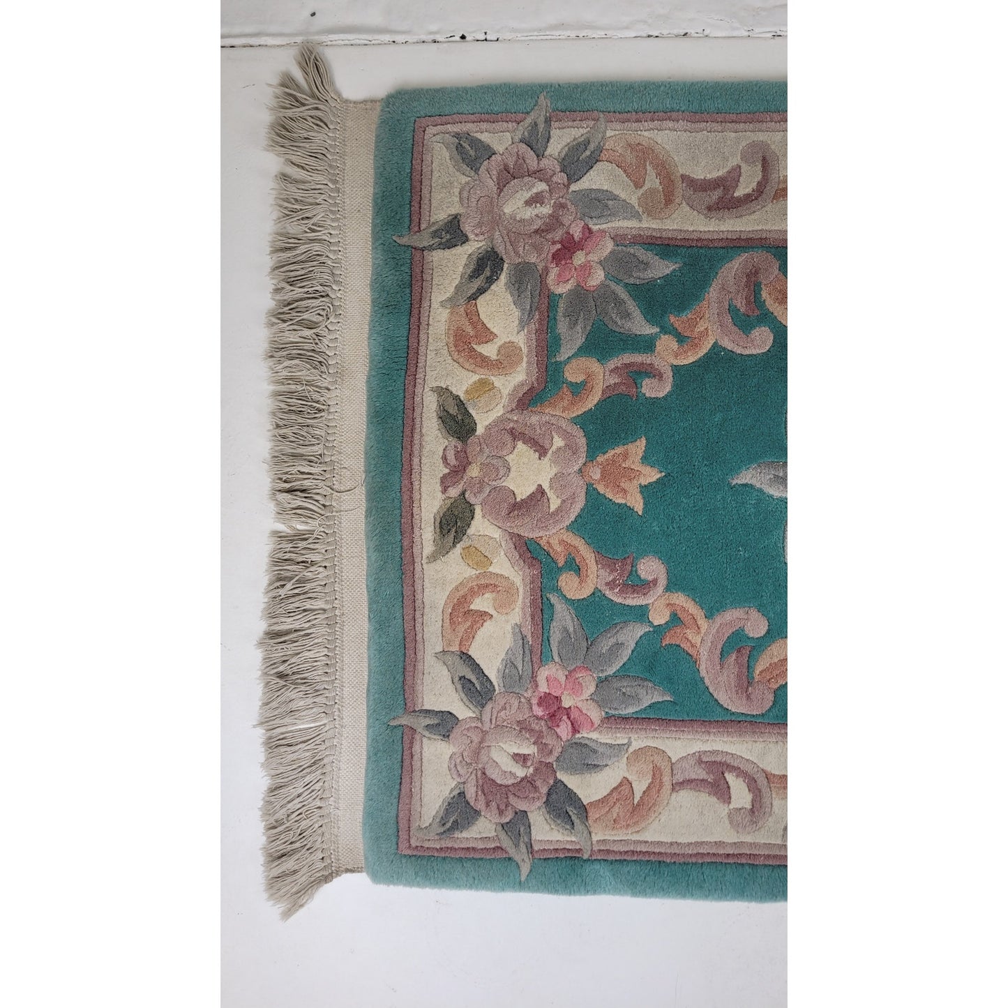 Vintage Aubusson-Style Wool Rug Green w Pink Floral Scrollwork 56" x 27"