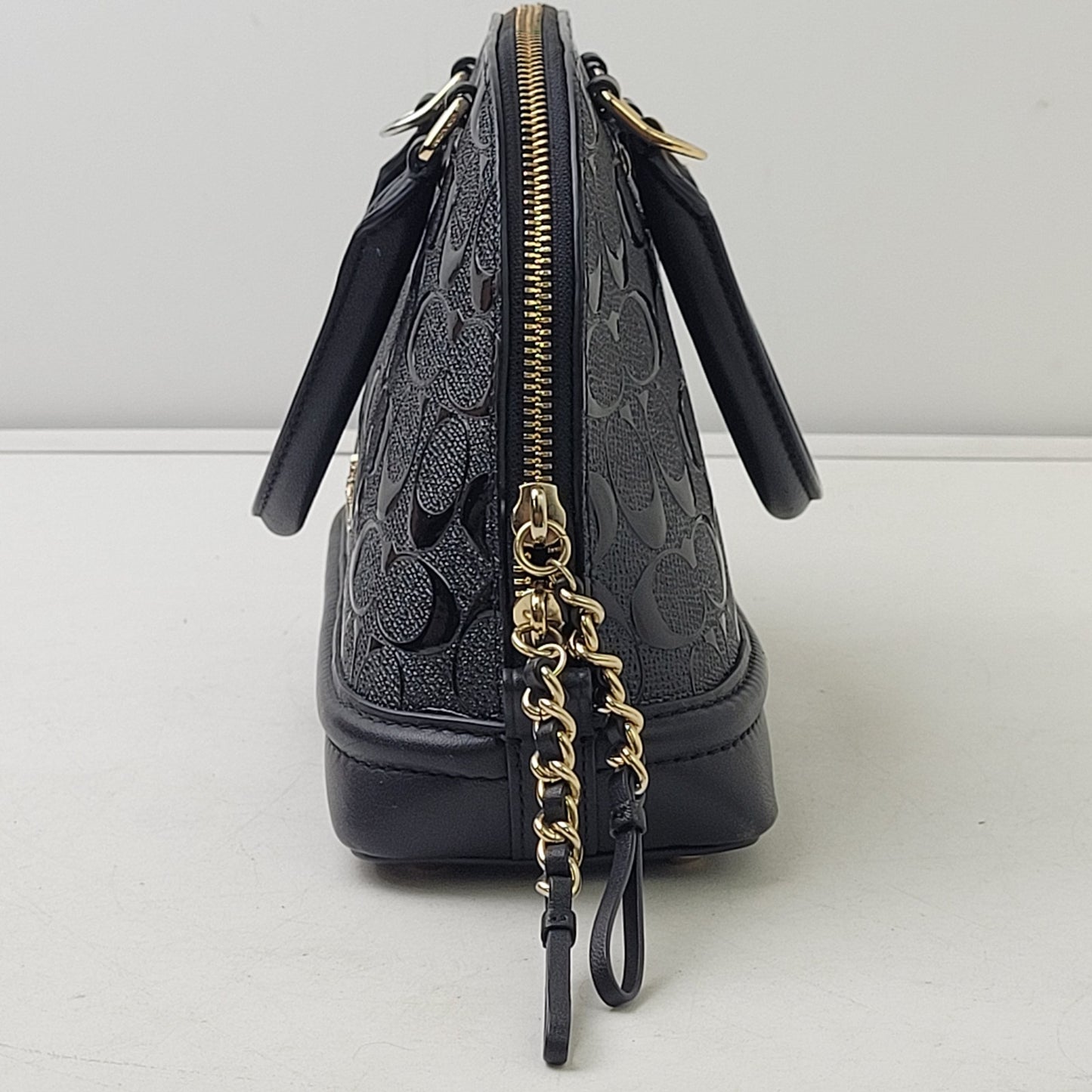Coach Black Mini Sierra Satchel Debossed Patent Leather Top Handle + Strap