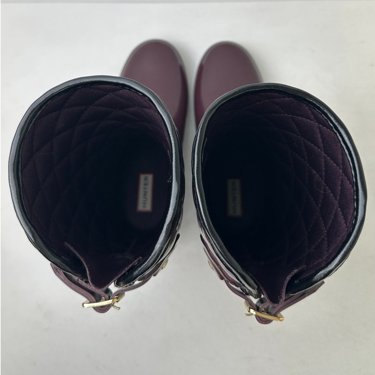 Hunter Refined Gloss Quilted Tall Deep Plum / Aubergine Rain Boots Women's Sz 7