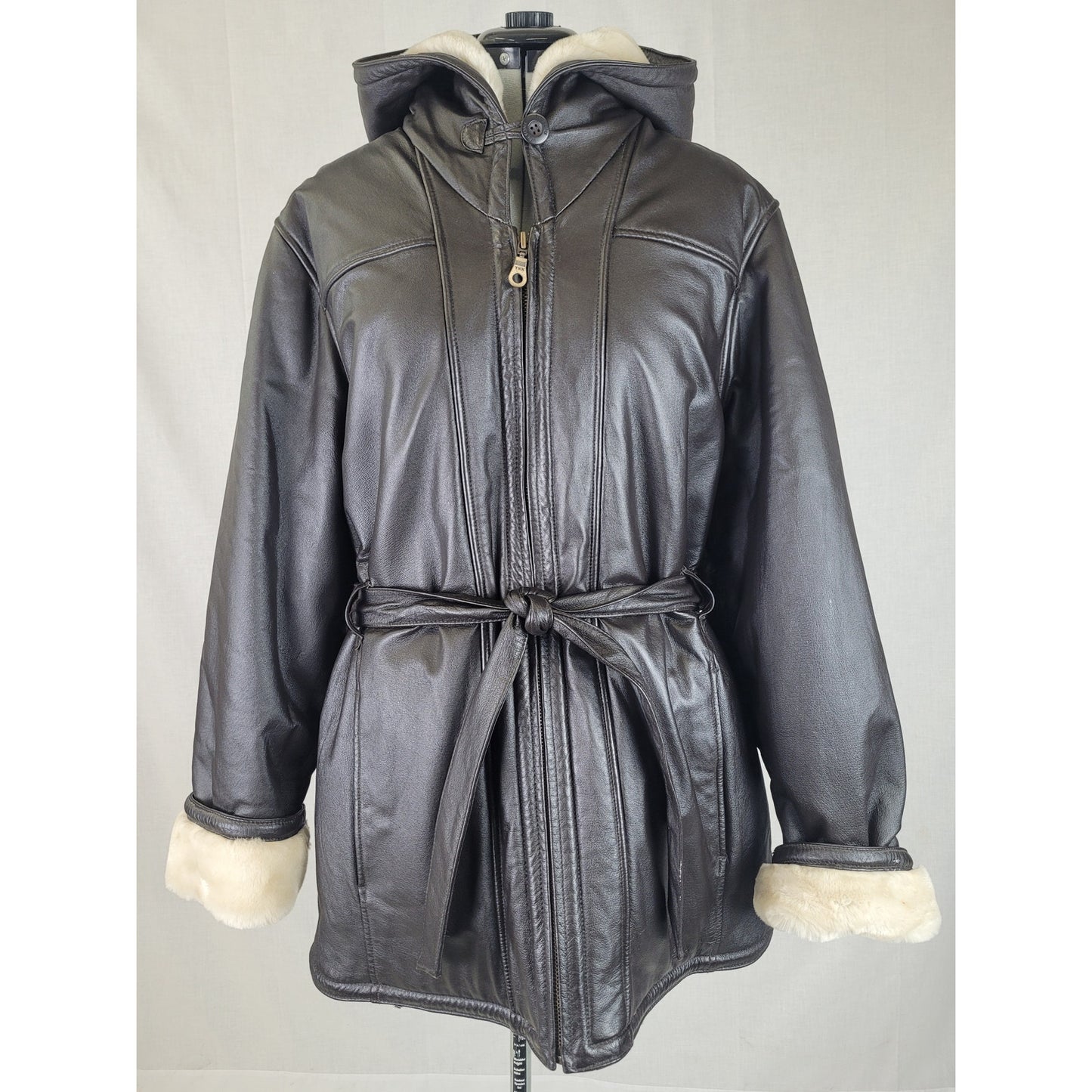 Wilsons Leather Coat Genevieve Belted Jacket Faux Fur Hooded Women's Sz 1X