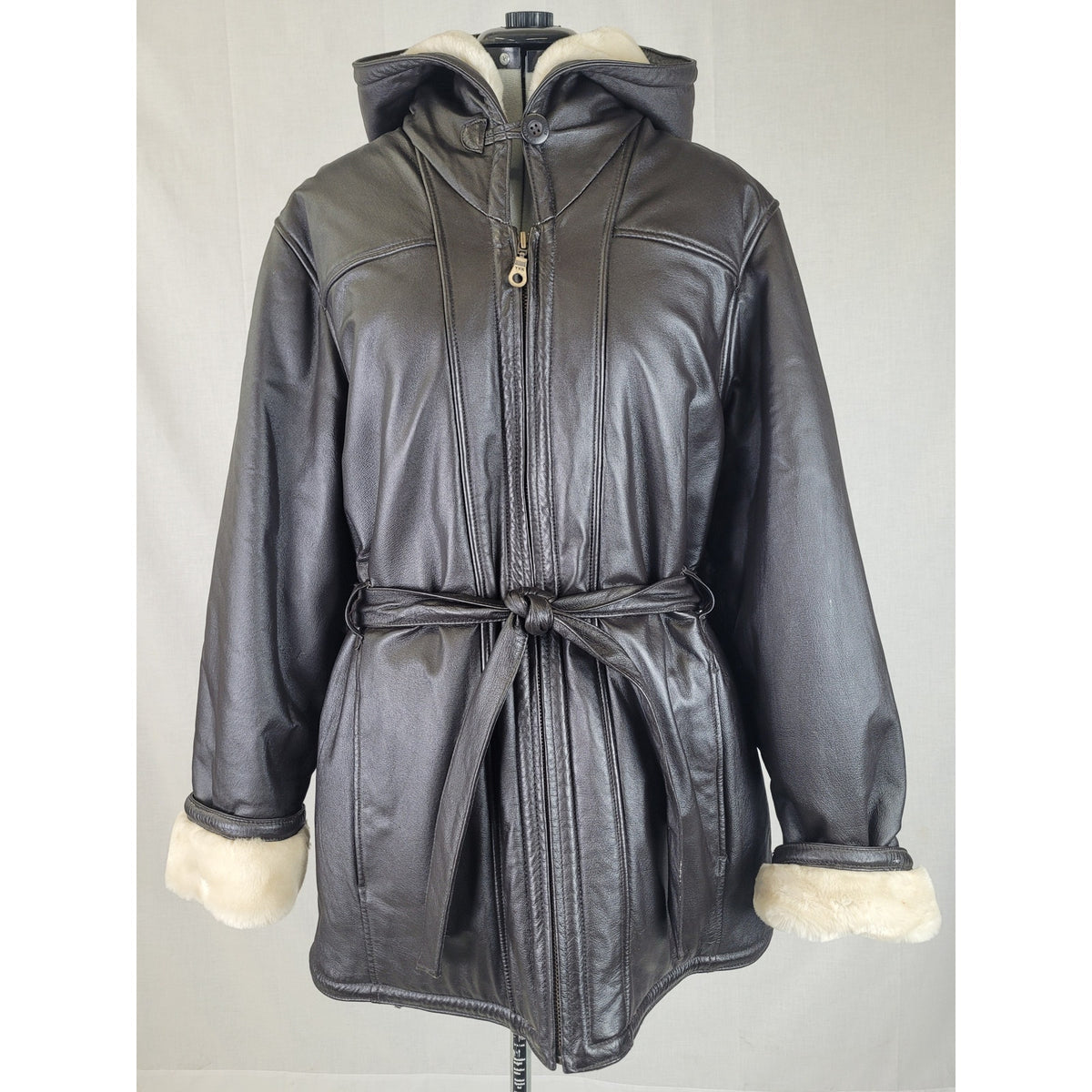 Wilsons Leather Coat Genevieve Belted Jacket Faux Fur Hooded Women's Sz 1X
