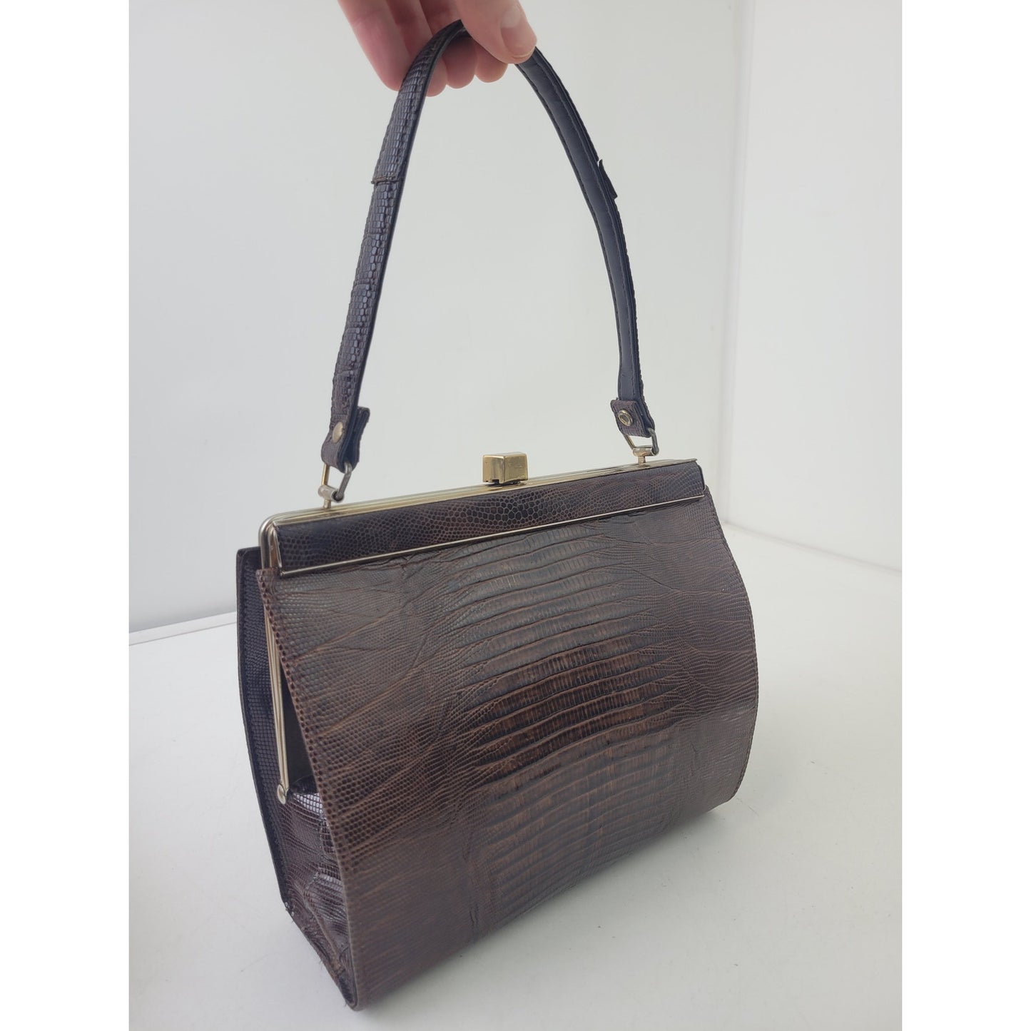 Vintage 1950s-60s Brown Lizard Skin Handbag w Gold Tone Hardware