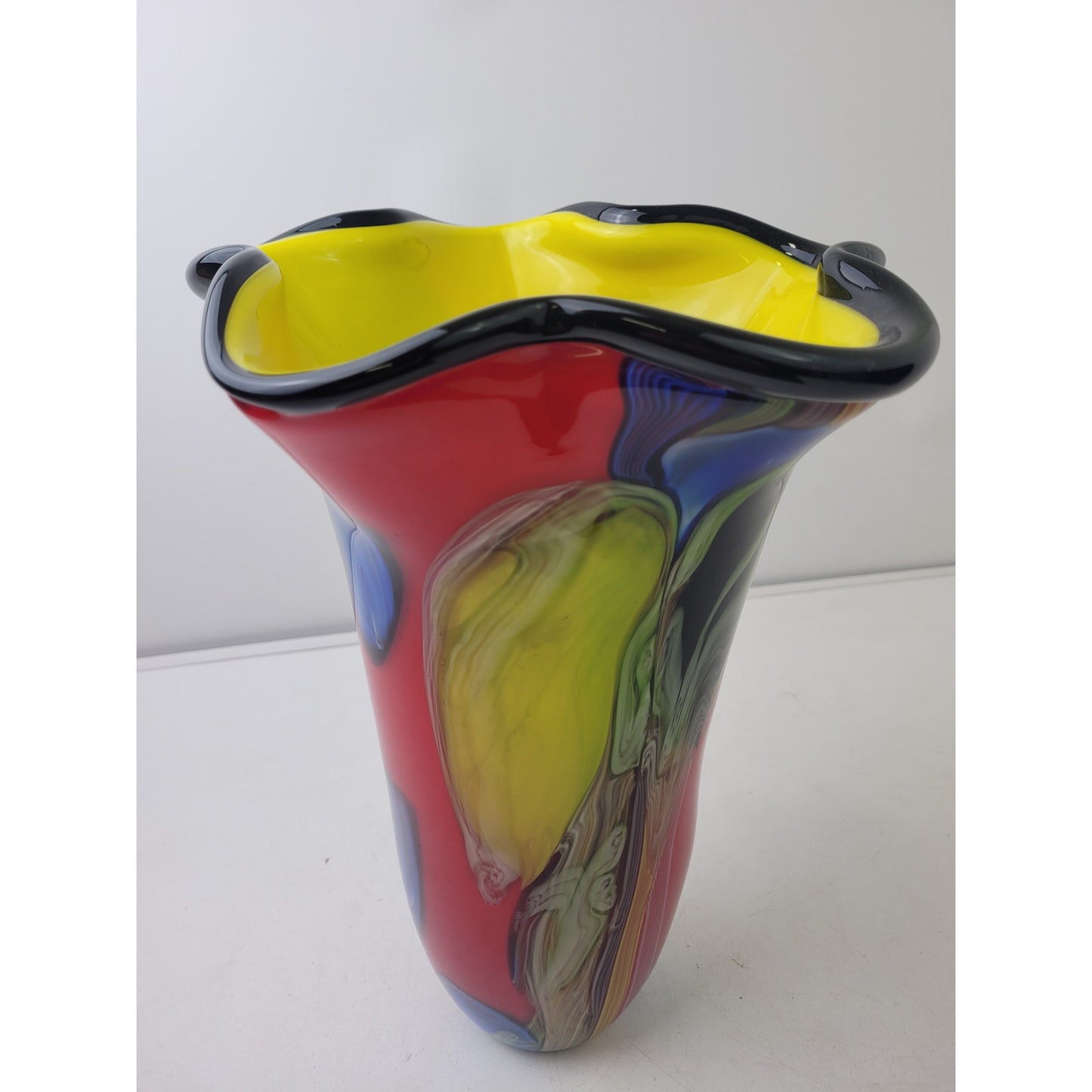 VTG Hand-Blown Murano Glass Handkerchief Vase Vibrant Red Multicolor 13.5" Tall