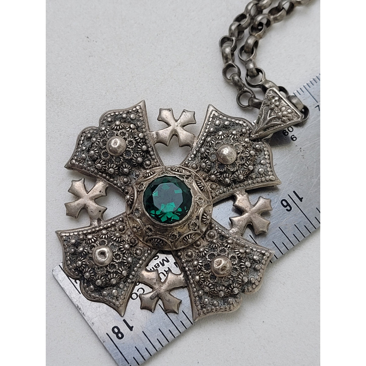 Vintage Sterling Silver Jerusalem Cross Green Stone Pendant on Thick Rolo Chain