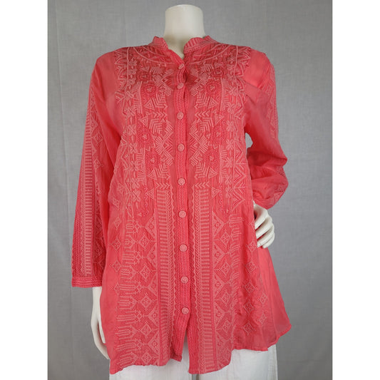 Johnny Was Rami Embroidered Long Sleeve Tunic Top Coral Women's Sz S MSRP $275