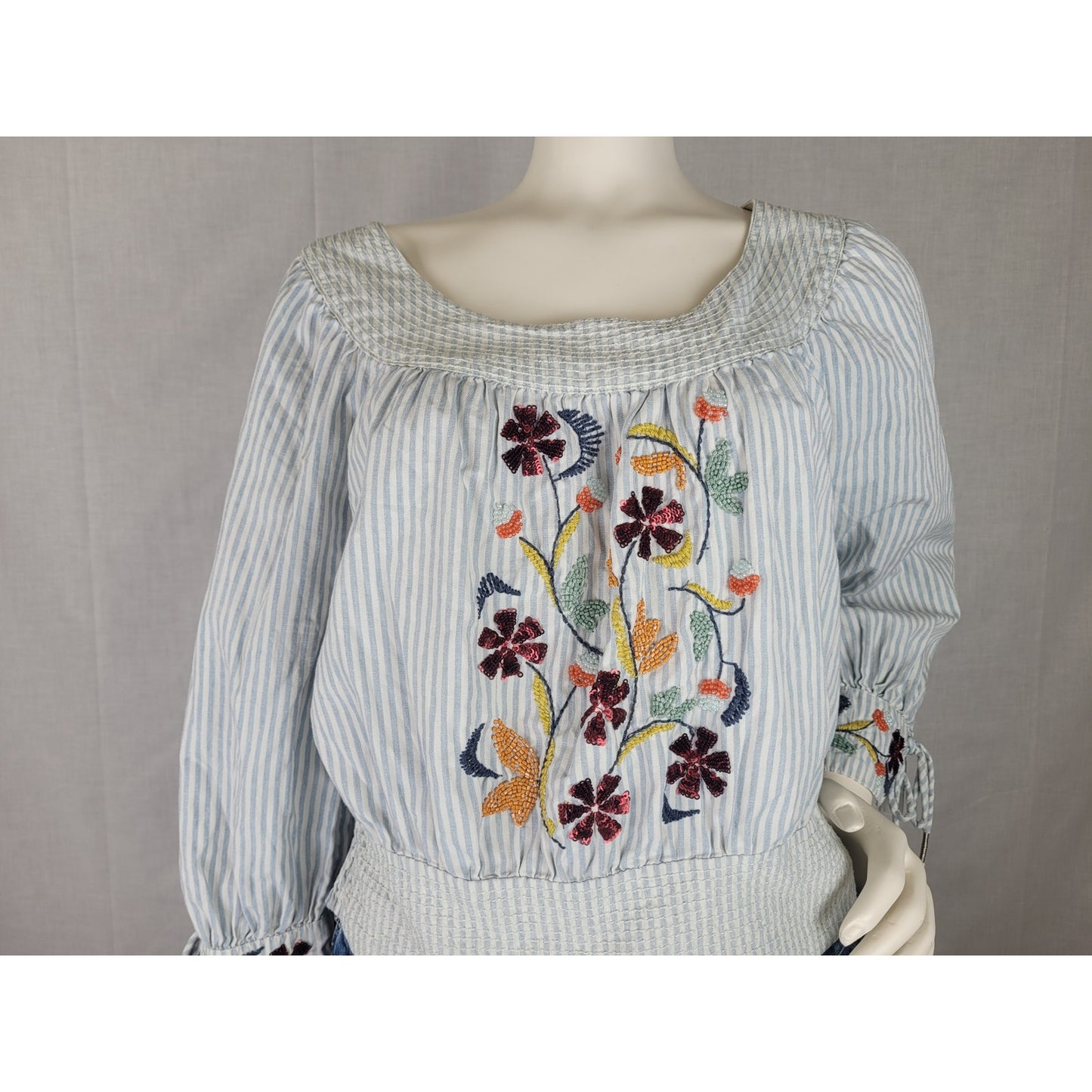 Anthropologie Beaded Bracelet Sleeved Peasant Blouse Blue & White Striped Sz S