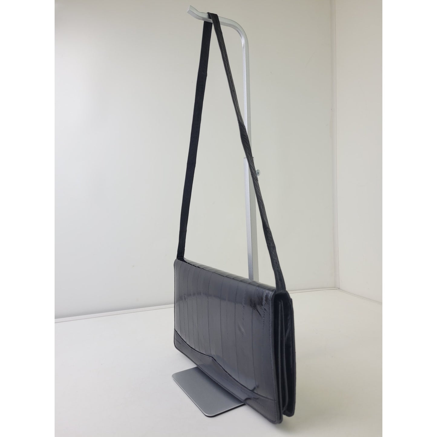 Vintage 1980s Black Eel Skin Convertible Clutch Shoulder Bag