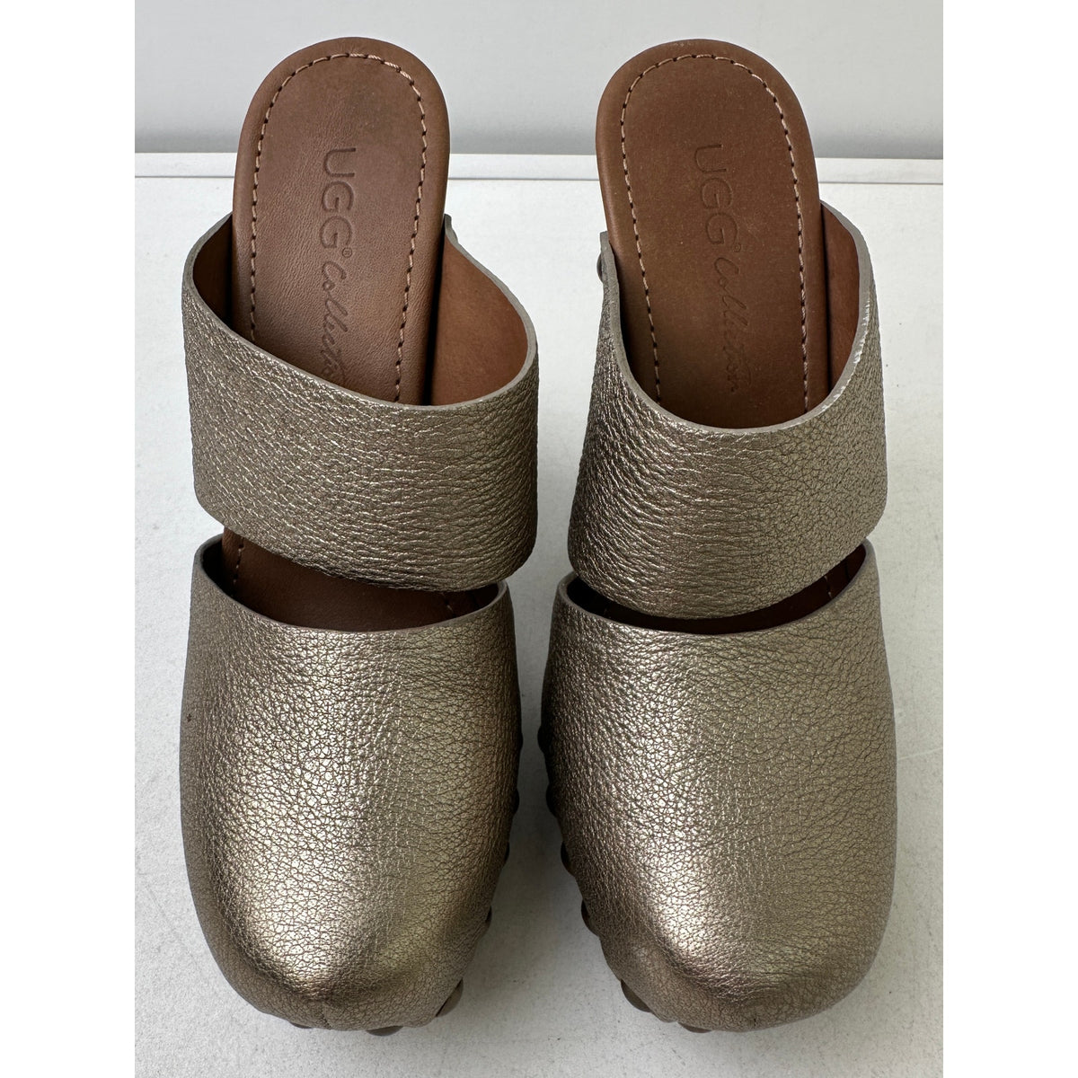 UGG Collection Amadora Metallic Gold Leather Studded Clog Heels Women's Sz 5.5