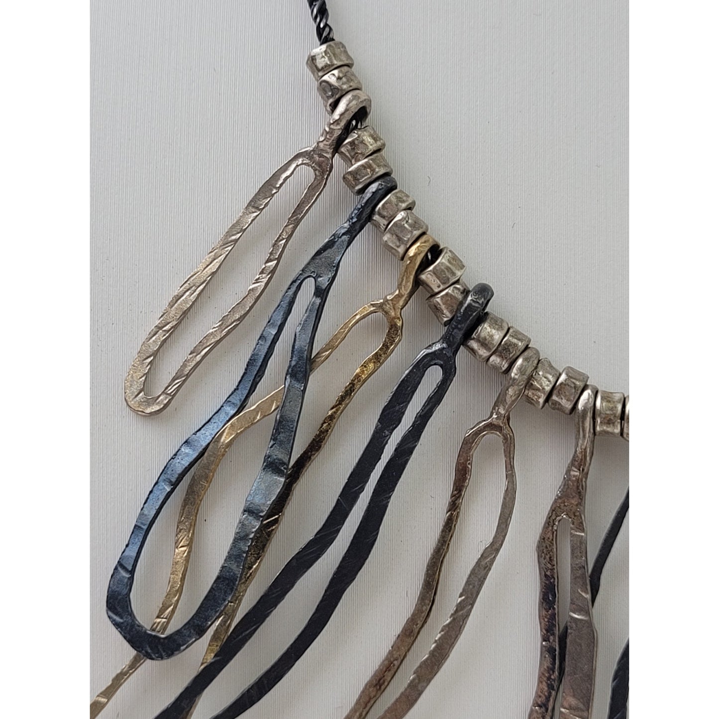 Sterling 925 Tri Color Hammered Dangle Statement Necklace Made in Israel