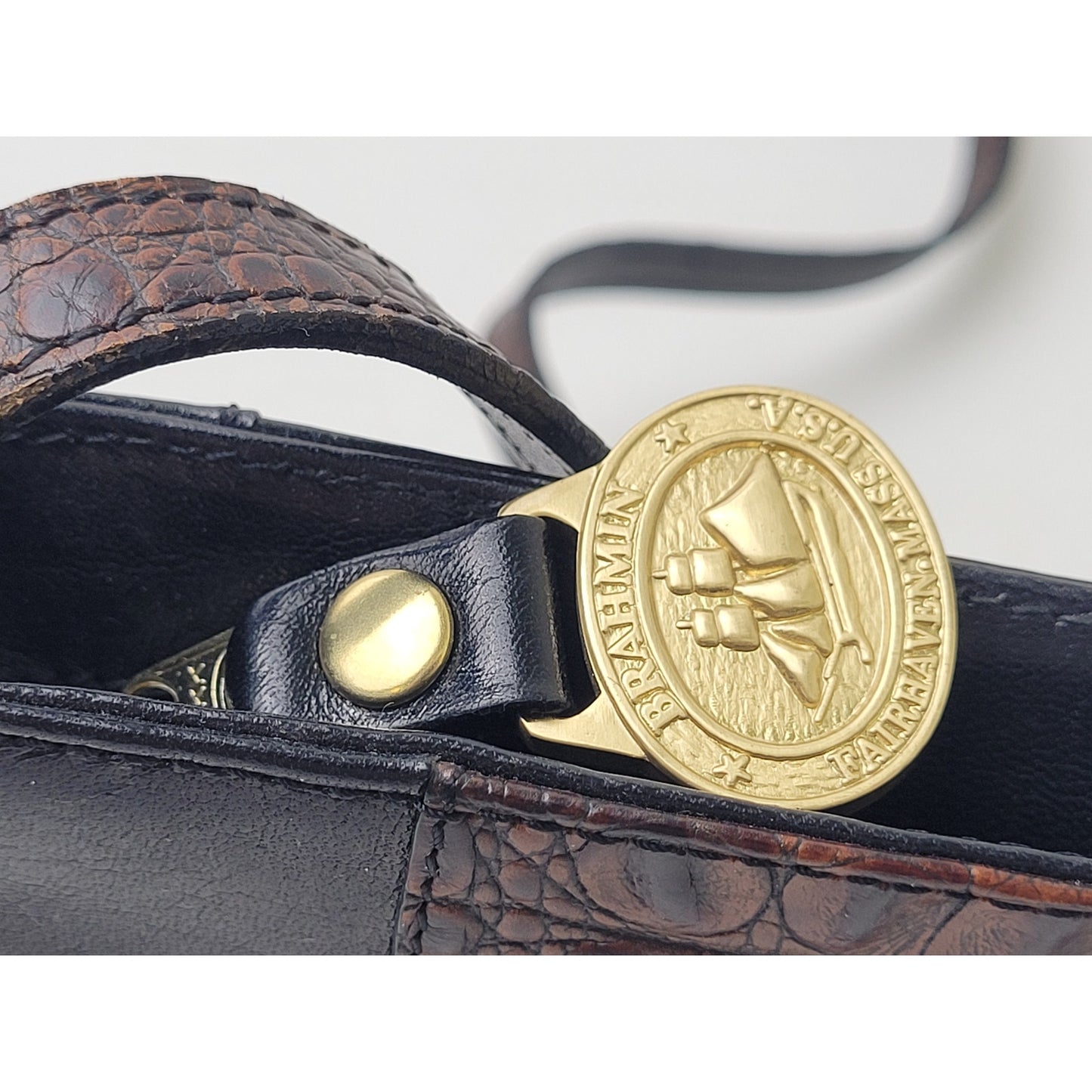Vintage Brahmin Crossbody Bag in Two-Tone Black & Brown Croc Embossed Leather