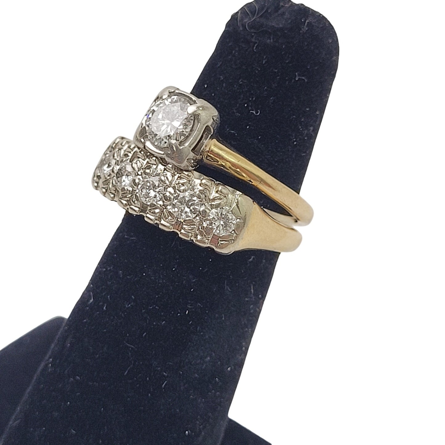 Vintage 14K Yellow & White Gold 5mm Round Diamond Engagement & Wedding Ring Set