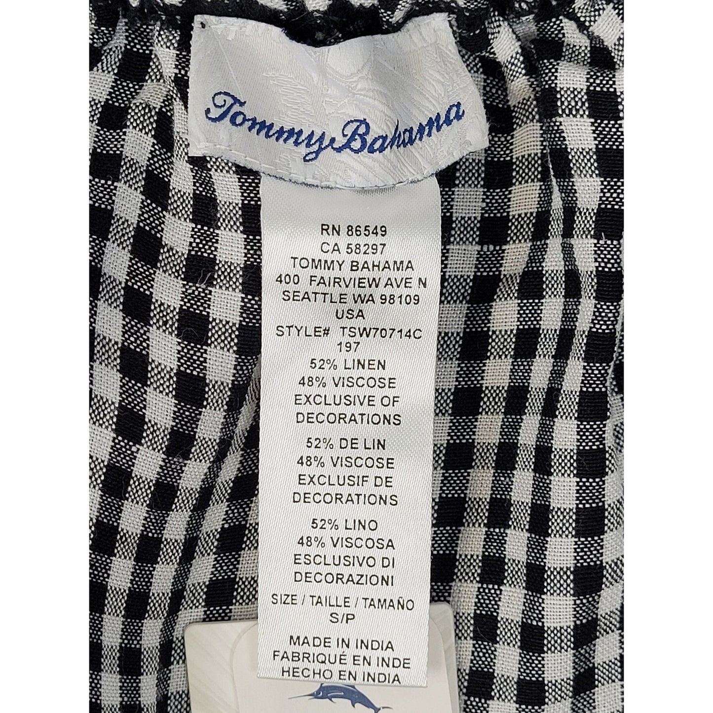 Tommy Bahama Gingham Of-The-Shoulder Ruffle Dress Black & White Linen Blend Sz S