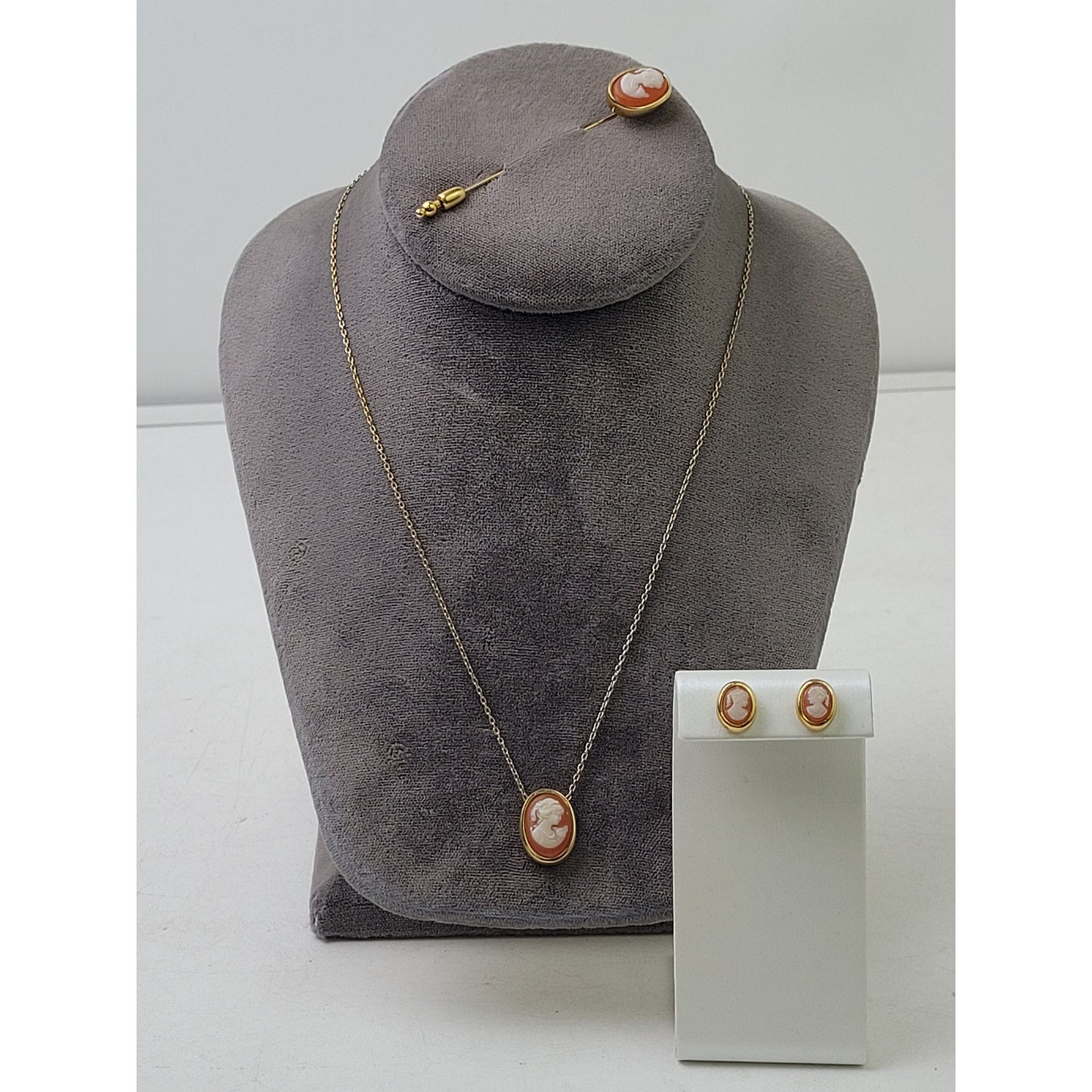 Vintage Trifari Cameo Gold-Tone Pendent Necklace, Post-Back Earring, Pin Set