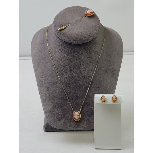 Vintage Trifari Cameo Gold-Tone Pendent Necklace, Post-Back Earring, Pin Set