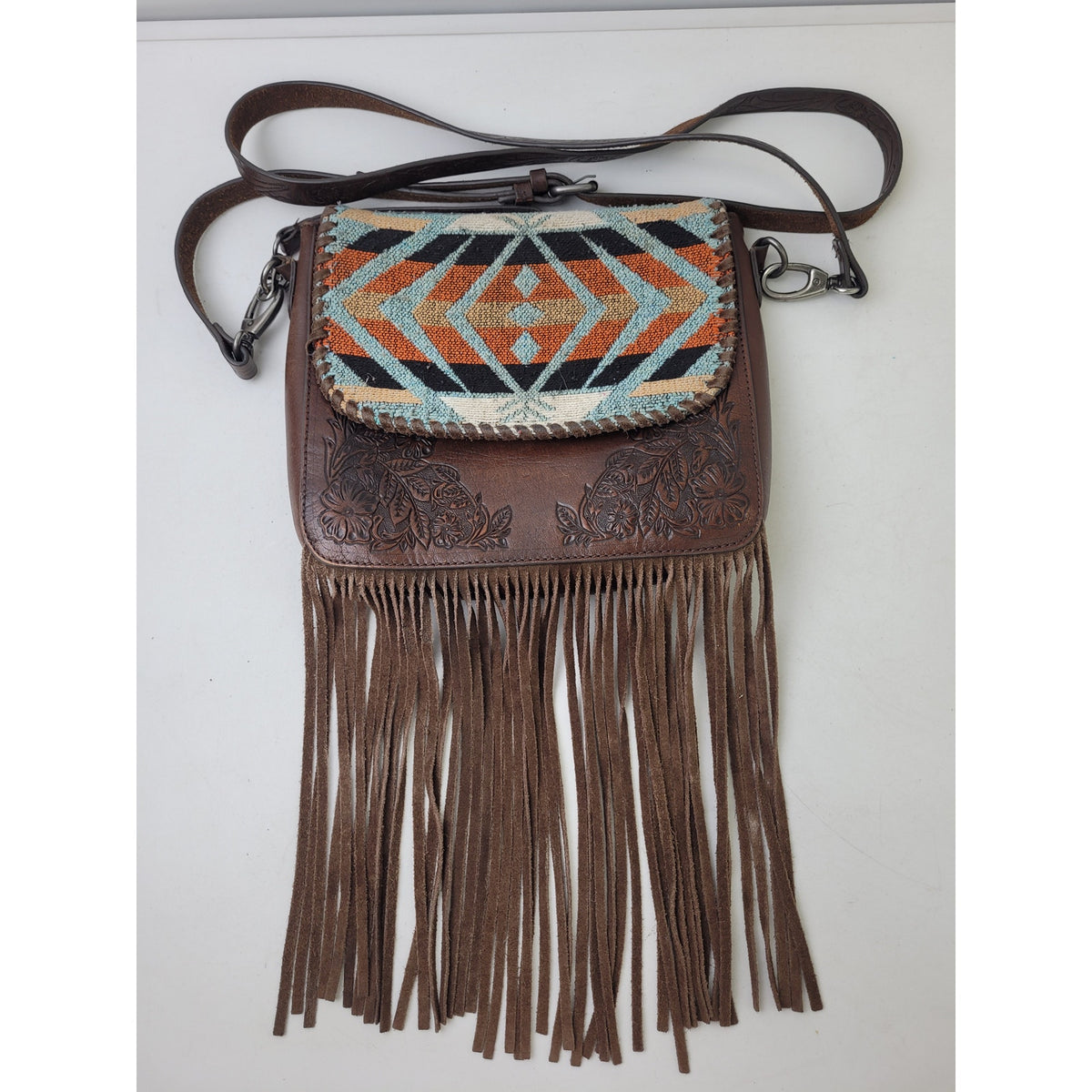 Shyanne Western Tooled Leather Fringe Southwestern Print Crossbody Bag & Wallet