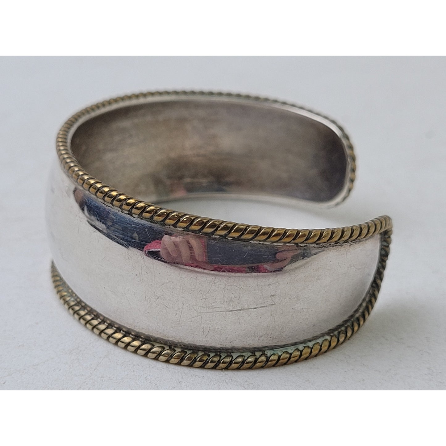 Vintage Thick 925 Sterling Silver Cuff Bracelet w Brass Braided Trim Small Wrist