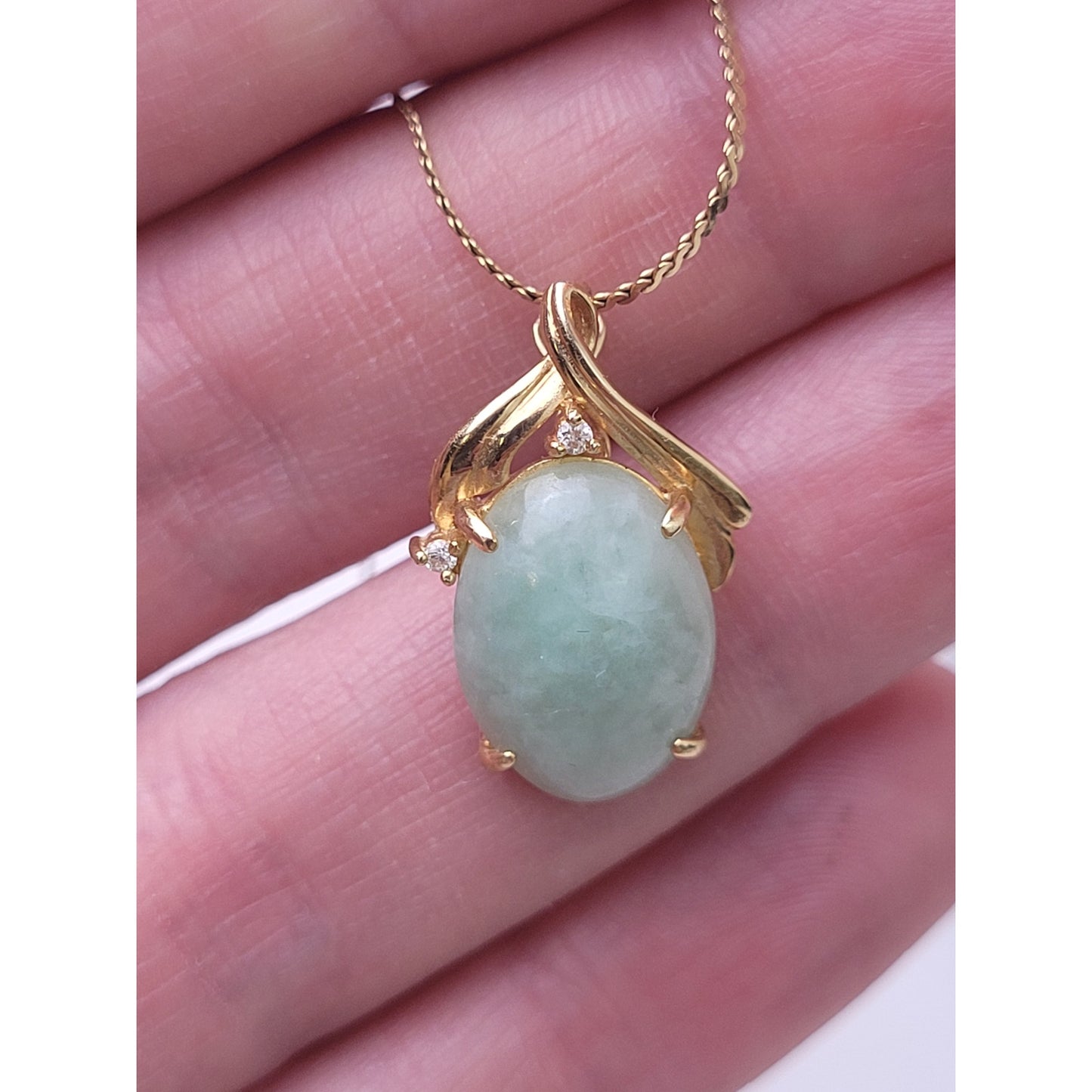 14K Yellow Gold Jade & Diamond Pendant on Flat Twisted Cable Chain Necklace