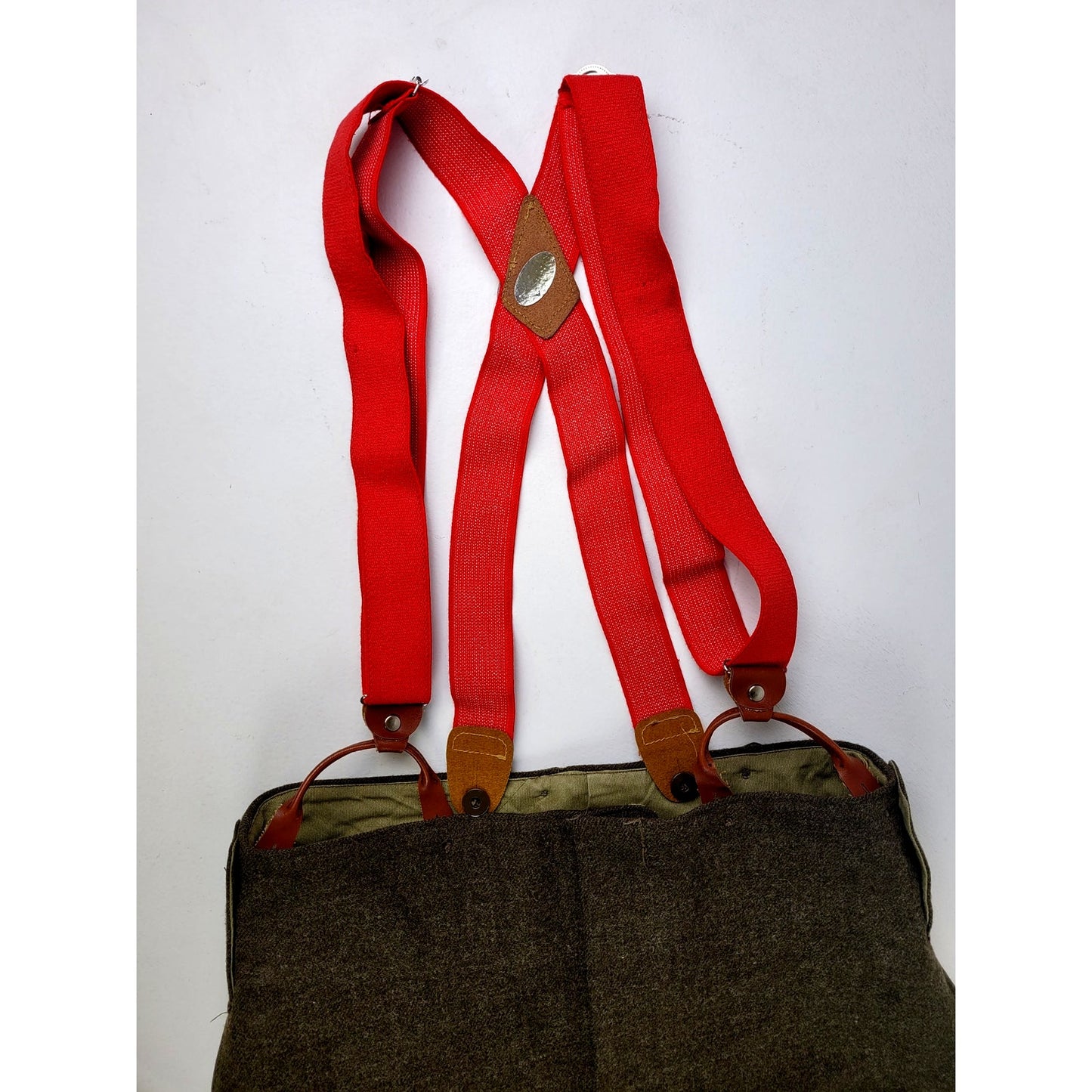 Vintage 1950s Miliary Green Wool Field Pants with Red Suspenders Men's Sz 33X30