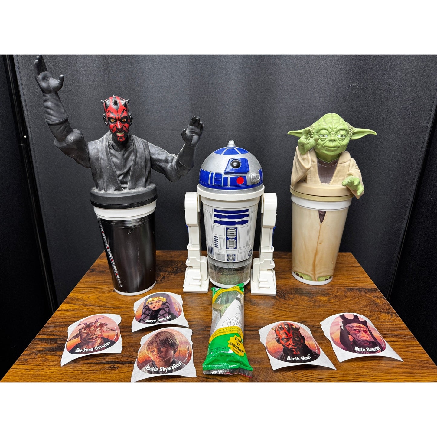 Lot of 1999 Star Wars Cups Yoda, Darth Maul, R2-D2 + Pez Dispenser & Stickers