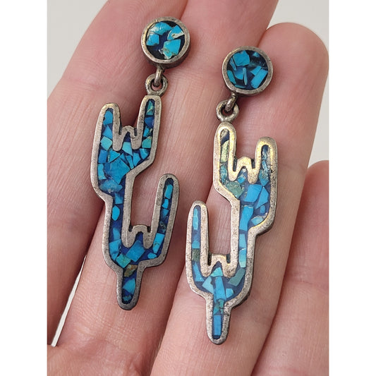 Vintage Saguaro Cactus Dangle Earrings w Turquoise Chip Inlay | Made in Mexico