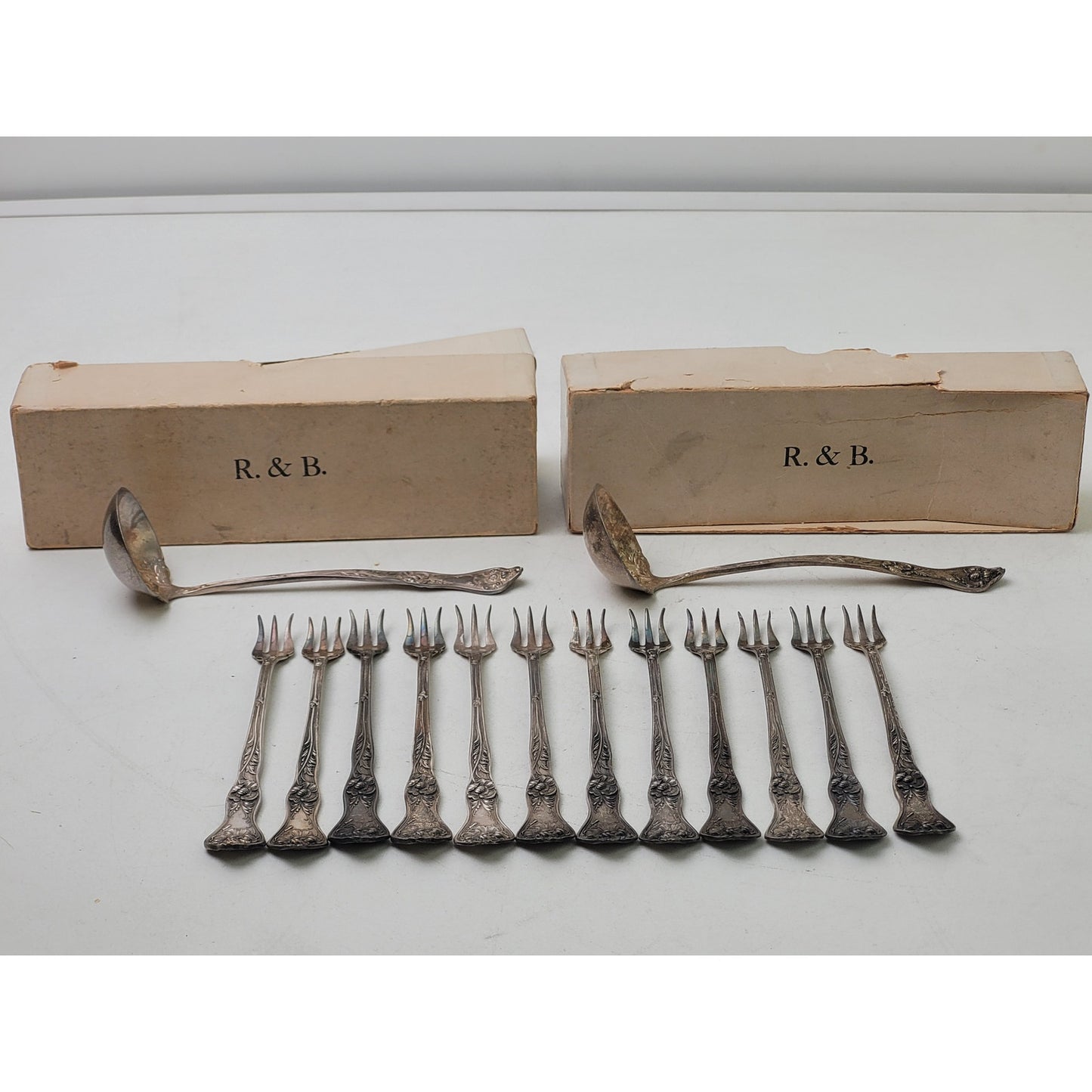 Antique R&B Silverplate Cocktail Seafood Fork Set of 12 & 2 Matching Ladles