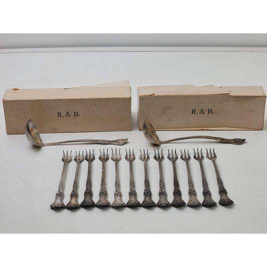 Antique R&B Silverplate Cocktail Seafood Fork Set of 12 & 2 Matching Ladles