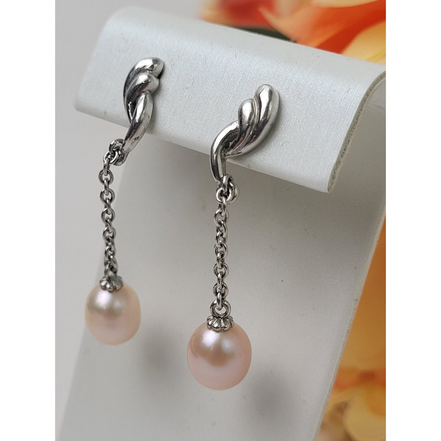 VTG Sterling Silver Drop Dangle Earrings Pink Freshwater Pearls & Chain | 42mm L