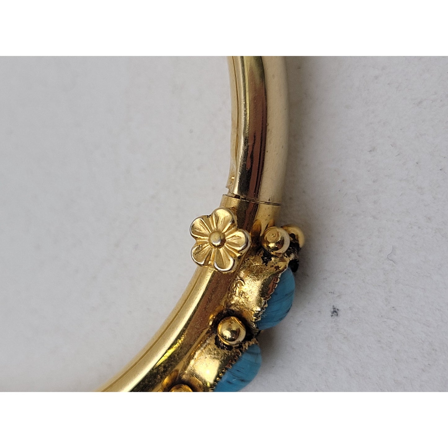 Vintage Sandor Gold Tone Bangle Bracelet w Turquoise Glass Stones Signed