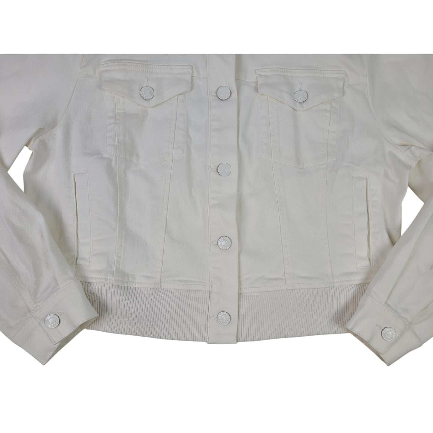 Cabi Everyday Trucker Jacket White Stretch Denim Ribbed Knit Hemline Sz XL