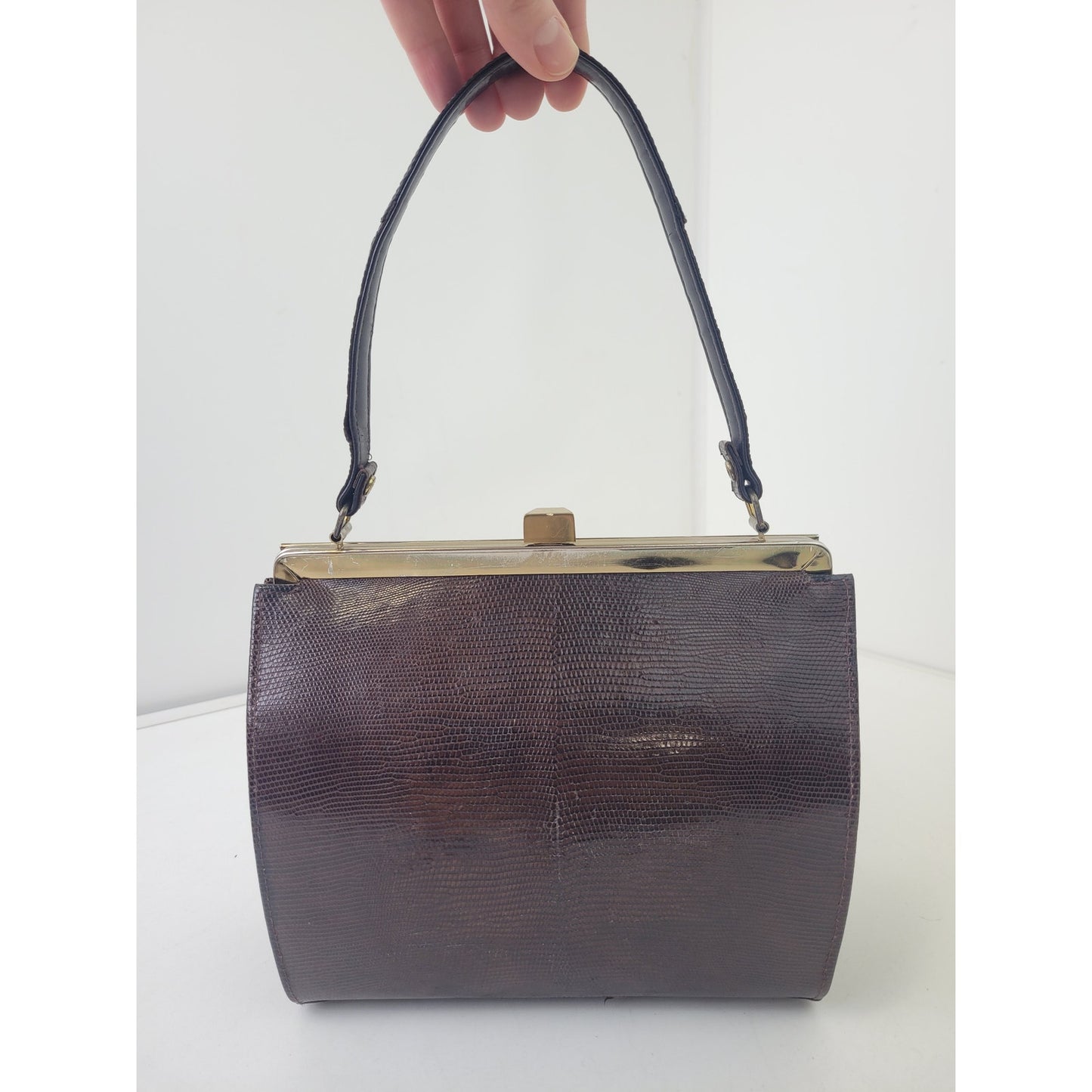 Vintage 1950s-60s Brown Lizard Skin Handbag w Gold Tone Hardware