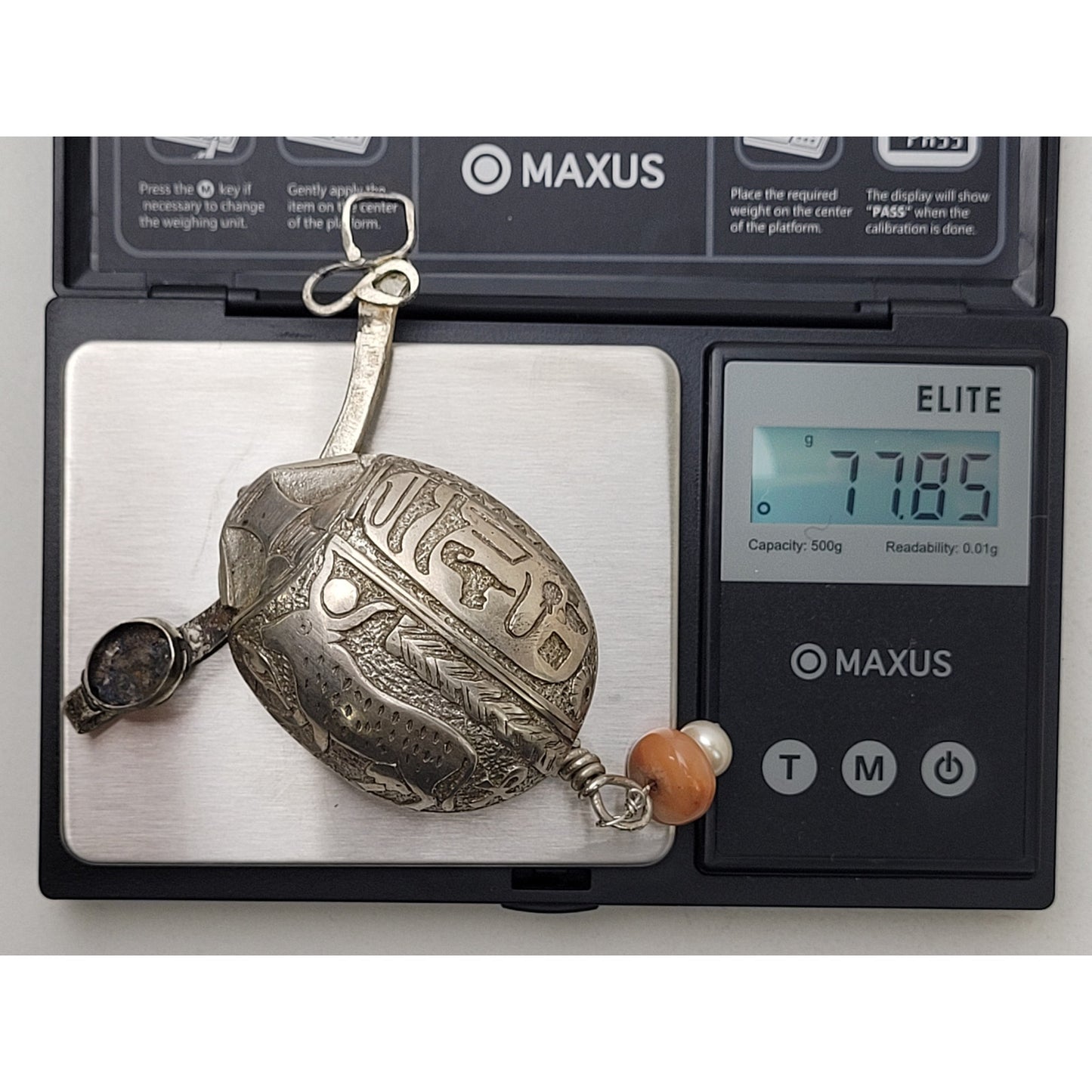 Antique/Vintage Sterling Silver Scarab Beetle Carved Hieroglyphics 77.85g