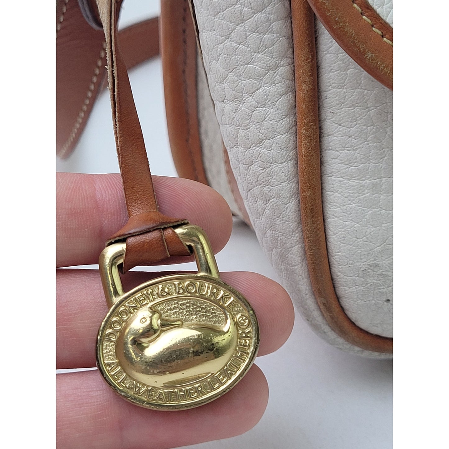 Vintage Dooney & Bourke Equestrian Crossbody Bag Pebbled White Brown Leather