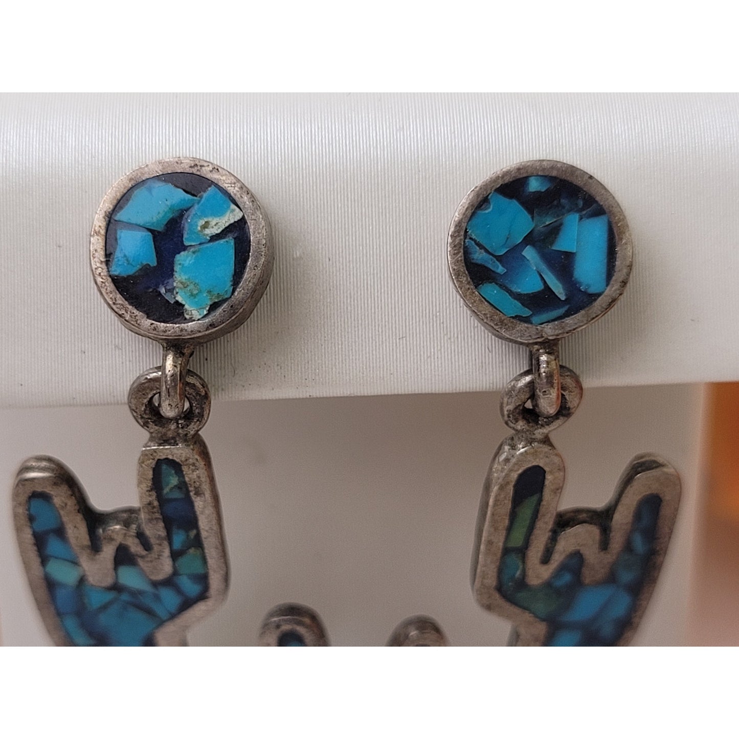 Vintage Saguaro Cactus Dangle Earrings w Turquoise Chip Inlay | Made in Mexico
