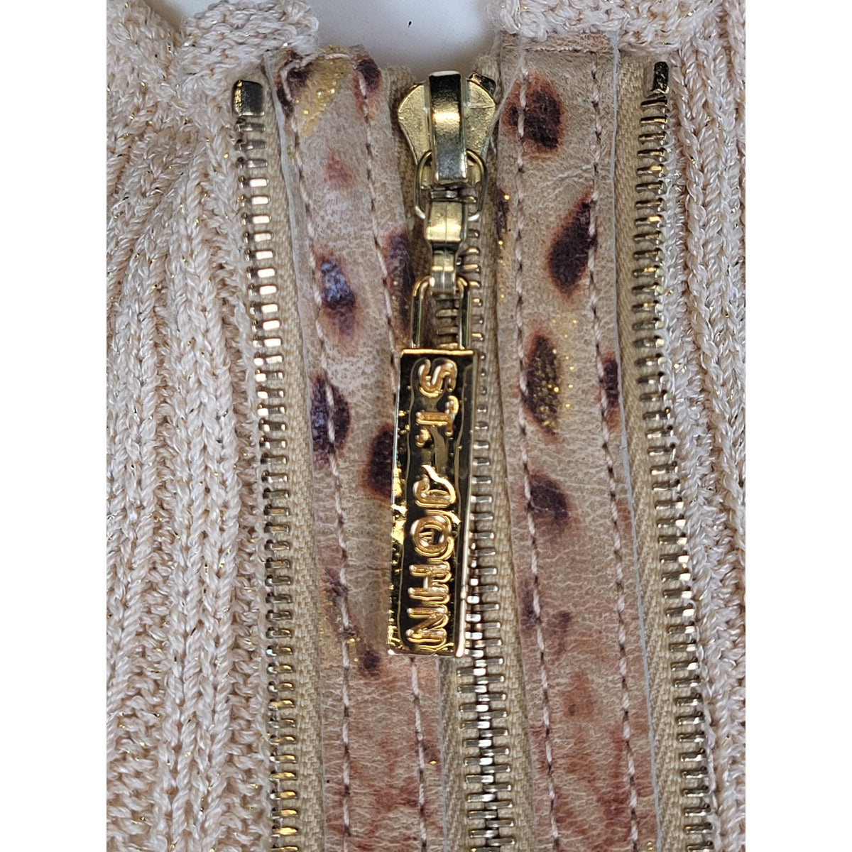 St. John Sport Full-Zip Cardigan Sweater Animal Print Trim Gold Hardware Sz S