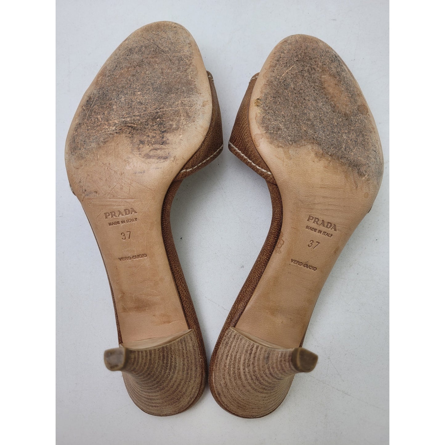 PRADA Leather Mules 3" Heeled Sandals w Wooden Buckle Sz EU 37 / US7
