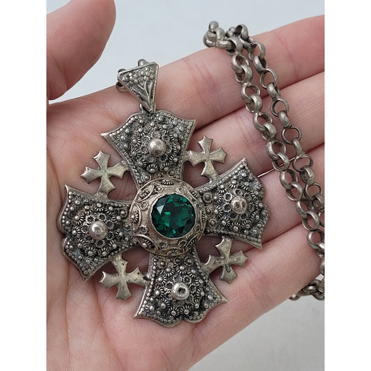 Vintage Sterling Silver Jerusalem Cross Green Stone Pendant on Thick Rolo Chain