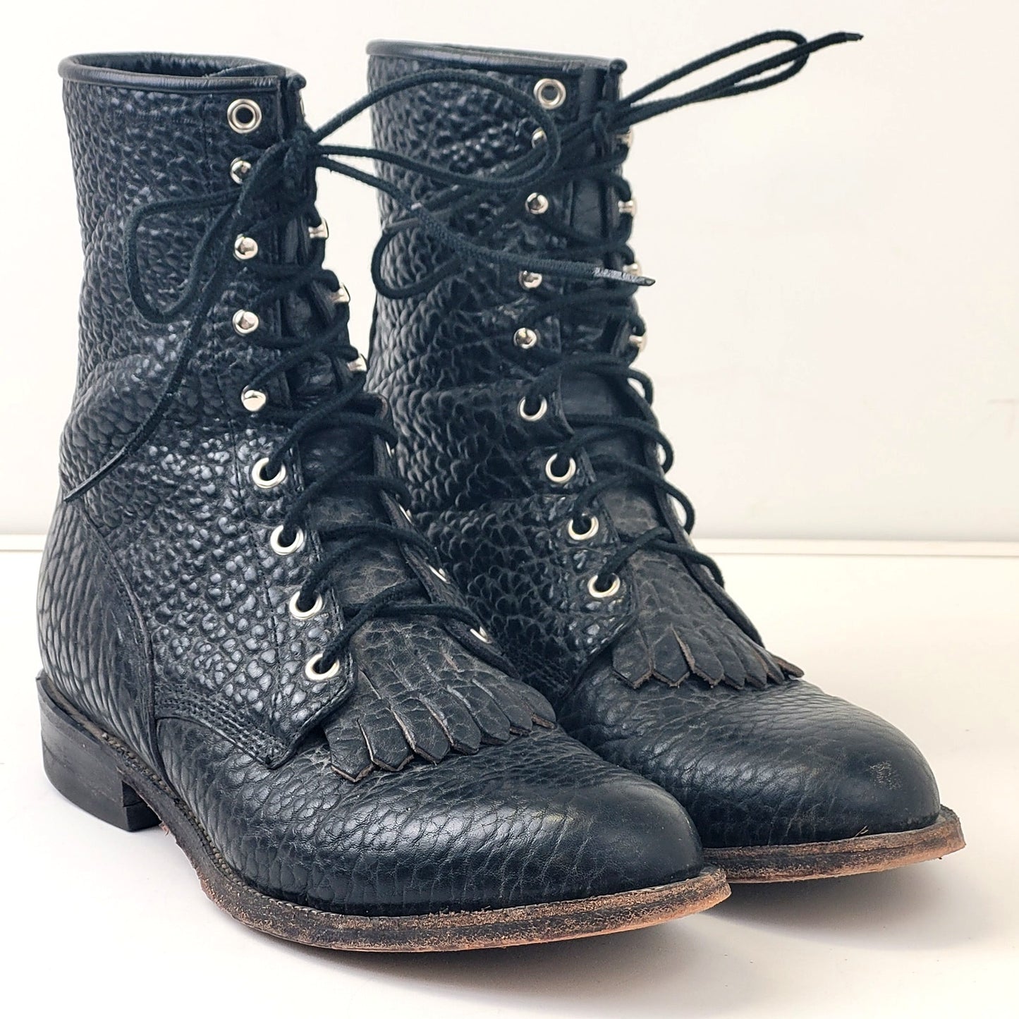 Vintage Justin Black Leather Roper Boots Lace-up Western Men's Sz 8.5D